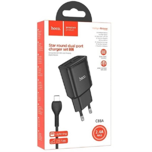 картинка Hoco C88A сетевое зарядное устройство с 2 USB выходами 5В, 2400mAh, черный для iPhone 5/6/6Plus/7 от магазина Интерком-НН