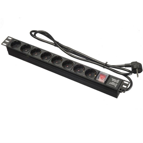 картинка Блок розеток 19", 16А, 8 розеток, шнур 2м, выключатель, черный Netko "S" от магазина Интерком-НН