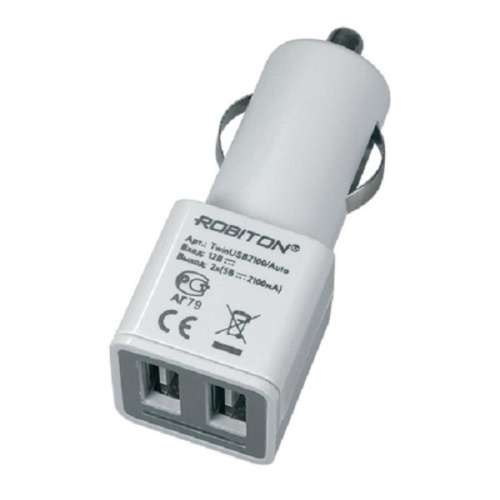 изображение Автомобильное зарядное устройство с 2 USB выходами Robiton TwinUSB2100/AUTO BL1 магазин Компании Интерком-НН картинка Robiton TwinUSB2100/AUTO Автомобильное зарядное устройство с 2 USB выходами от магазина Интерком-НН