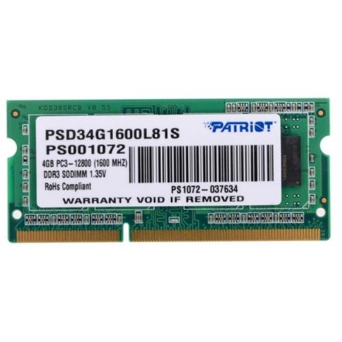 изображение Модуль памяти PATRIOT PSD34G1600L81S DDR3L - 4Гб 1600, SO-DIMM, Ret магазин Компании Интерком-НН картинка PATRIOT Модуль памяти PSD34G1600L81S DDR3L - 4Гб 1600, SO-DIMM, Ret от магазина Интерком-НН