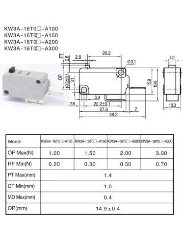 картинка Микропереключатель Dongnan KW3A-16T0-B200 2-х контактный нормально разомкнутый (NO) KW3A 16(4)A 250V от магазина Интерком-НН фото 2